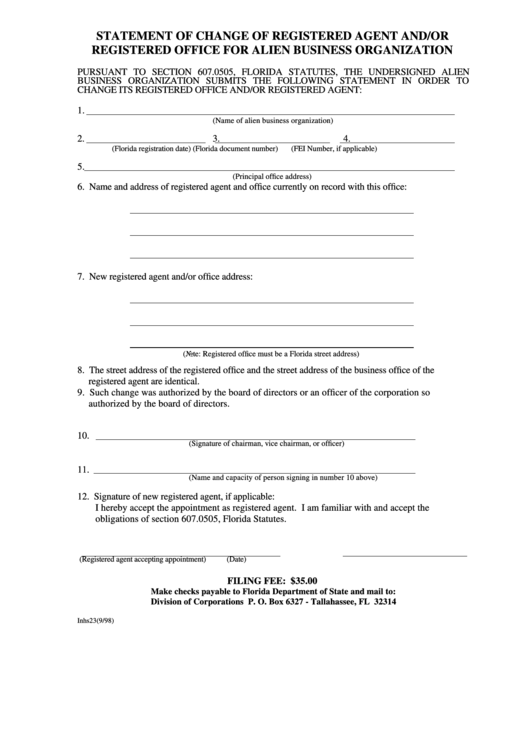 Statement Form For Change Of Registered Agent And/or Registered Office For Alien Business Organization Printable pdf