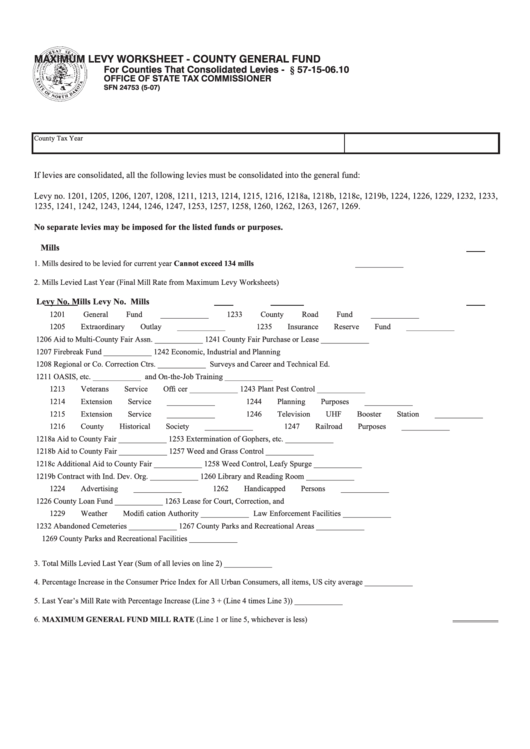 Form Sfn 24753 - Maximum Levy Worksheet - County General Fund Form - Office Of State Tax Commissioner - North Dakota Printable pdf