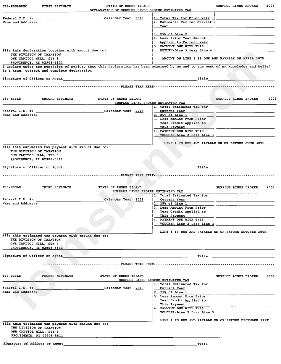 Form T69 - Declaration Of Surplus Lines Broker Estimated Tax Form - State Of Rhode Island