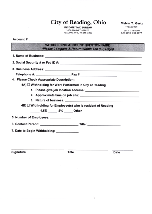 Income Tax Bureau Form - City Of Reading Printable pdf