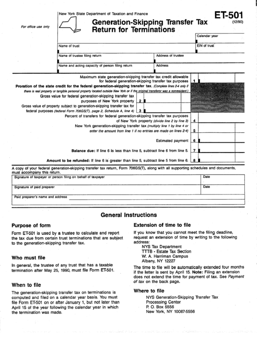 Form Et-501 - Generation-Skipping Transfer Tax Return Form For Terminations Printable pdf