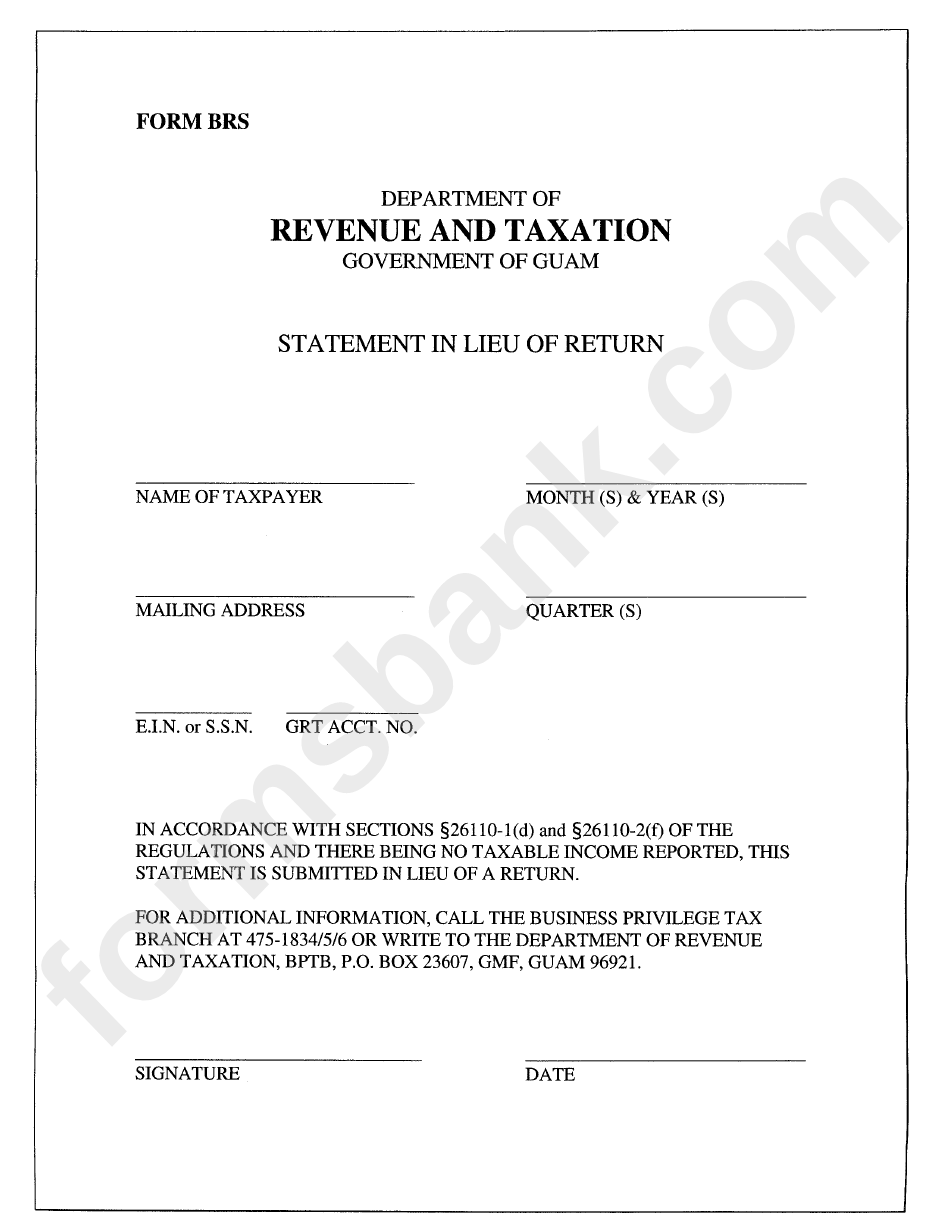 Form Brs - Statement In Lieu Of Return Form - Department Of Revenue And Taxation - Government Of Guam