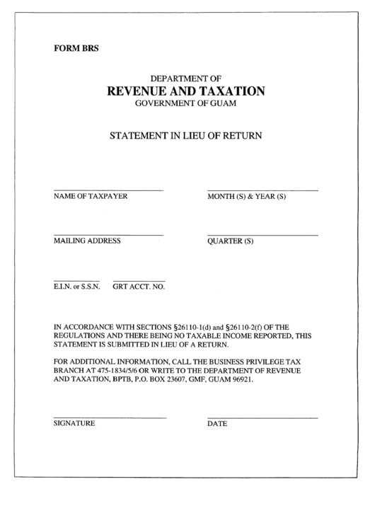 Form Brs - Statement In Lieu Of Return Form - Department Of Revenue And Taxation - Government Of Guam Printable pdf
