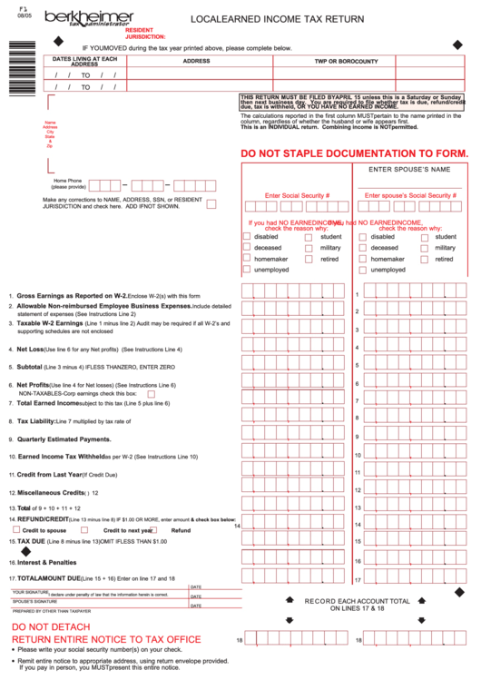 Form F1 - Local Earned Income Tax Return - Pennsylvania Printable pdf