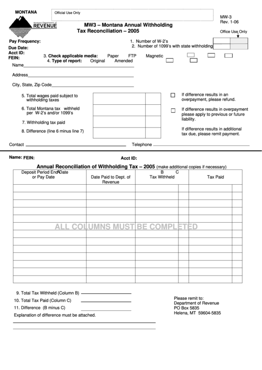 Fillable Form Mw3 - Montana Annual Withholding Tax Reconciliation - Montana Department Of Revenue - Montana Printable pdf
