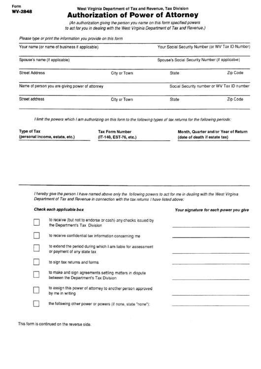 Form Wv-2848 - Authorization Form For Power Of Attorney Printable pdf