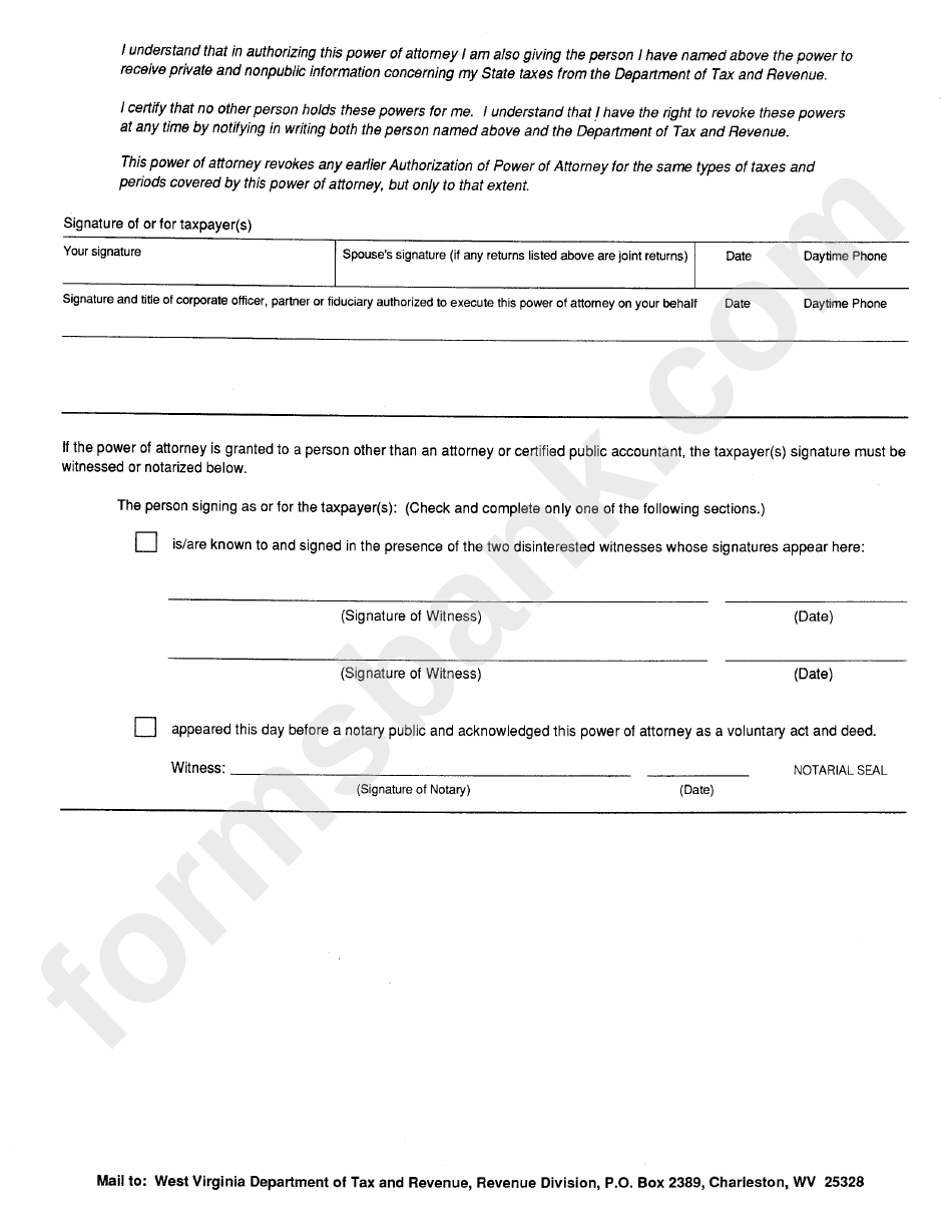 Form Wv-2848 - Authorization Form For Power Of Attorney