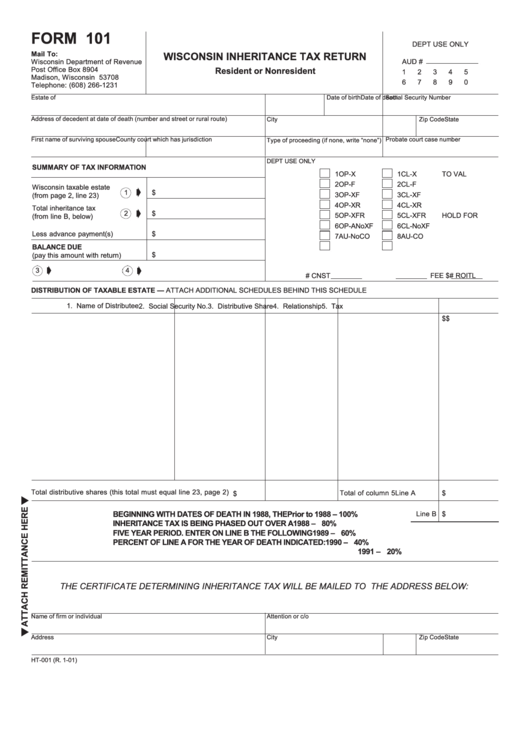 Form 101-Ht-001 - Inheritance Tax Return Printable pdf