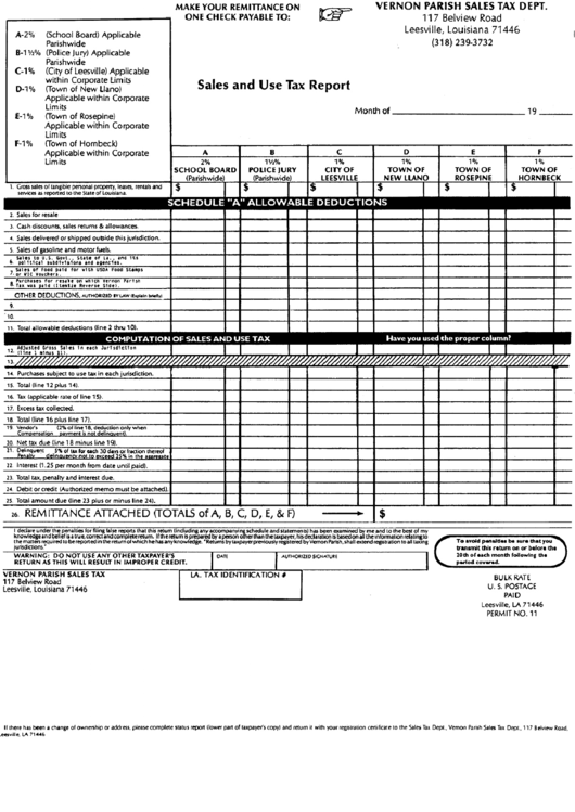 Sales And Use Tax Report Form - Vernon Parish Printable pdf
