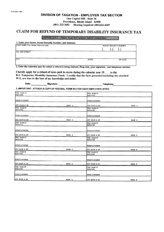 Form Tx-16 - Claim For Refund Of Temporary Disability Insurance Tax Form Printable pdf