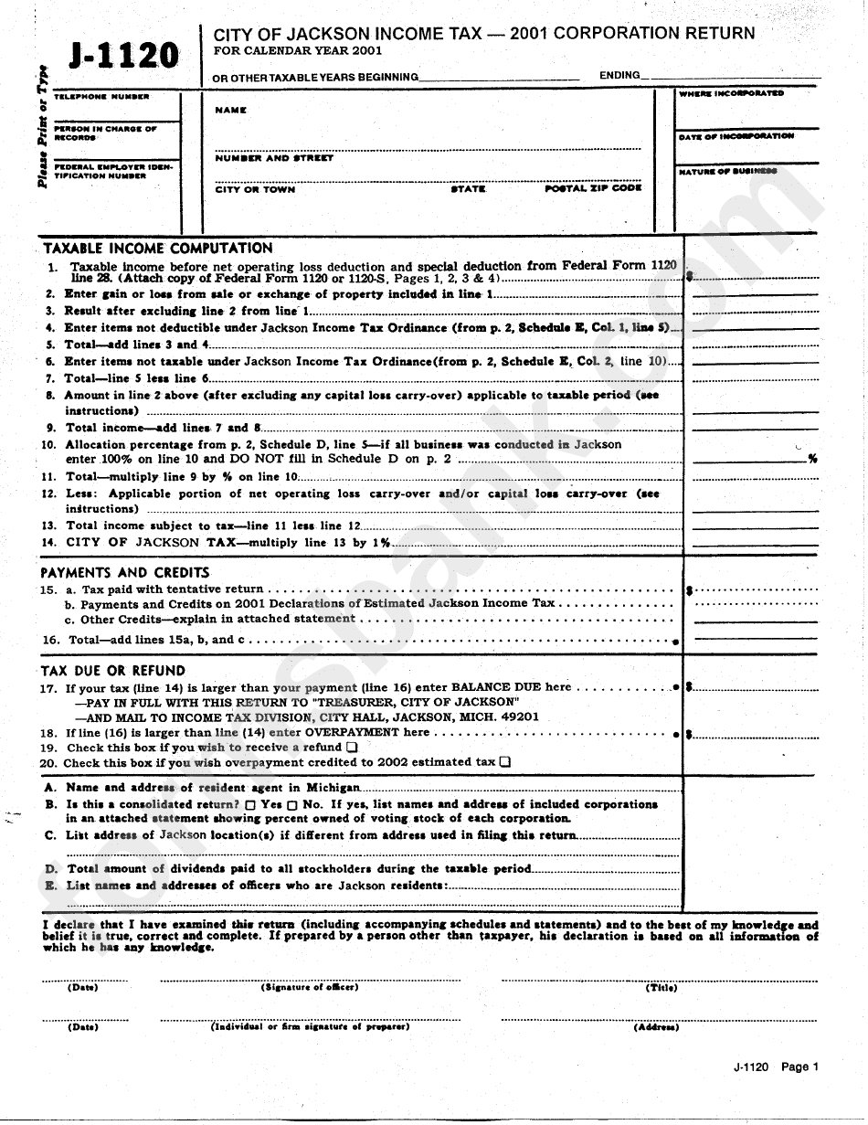 Form J-1120 - Income Tax Corporation Return Form - City Of Jackson - 2001