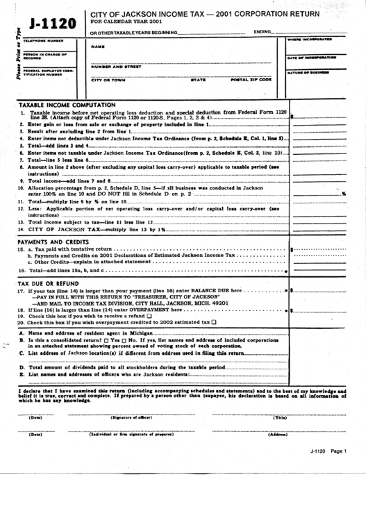 Fillable Form J-1120 - Income Tax Corporation Return Form - City Of Jackson - 2001 Printable pdf