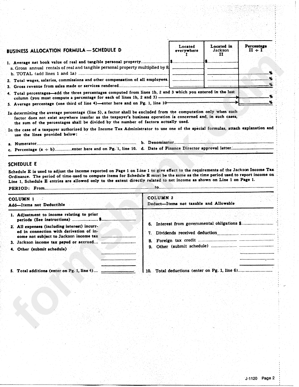 Form J-1120 - Income Tax Corporation Return Form - City Of Jackson - 2001