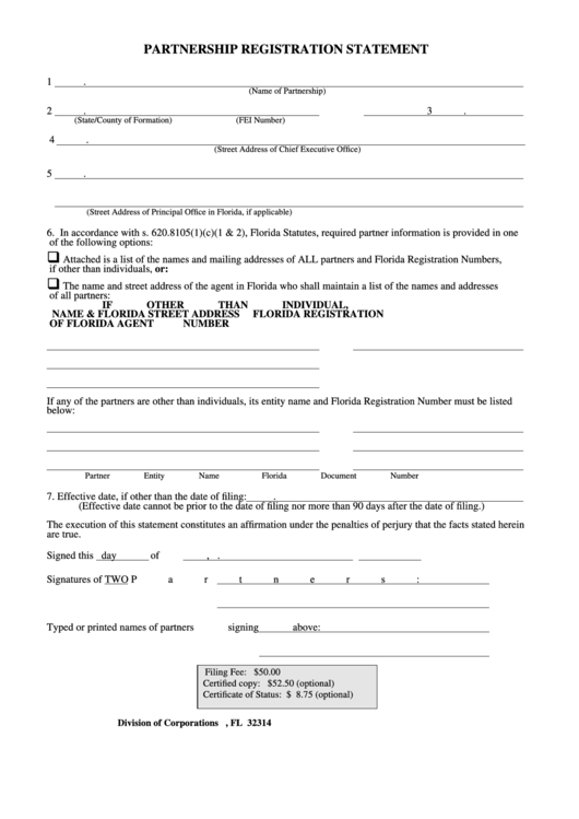 Fillable Partnership Registration Statement Template - Florida Printable pdf