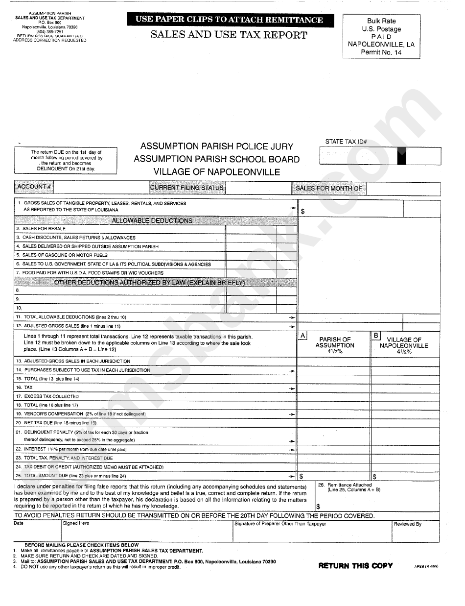 Sales And Use Tax Report Form - Village Of Napoleonville