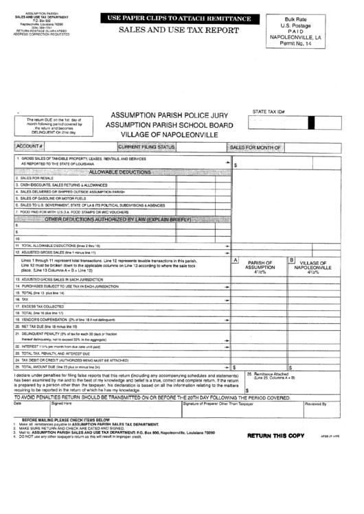 Sales And Use Tax Report Form - Village Of Napoleonville Printable pdf
