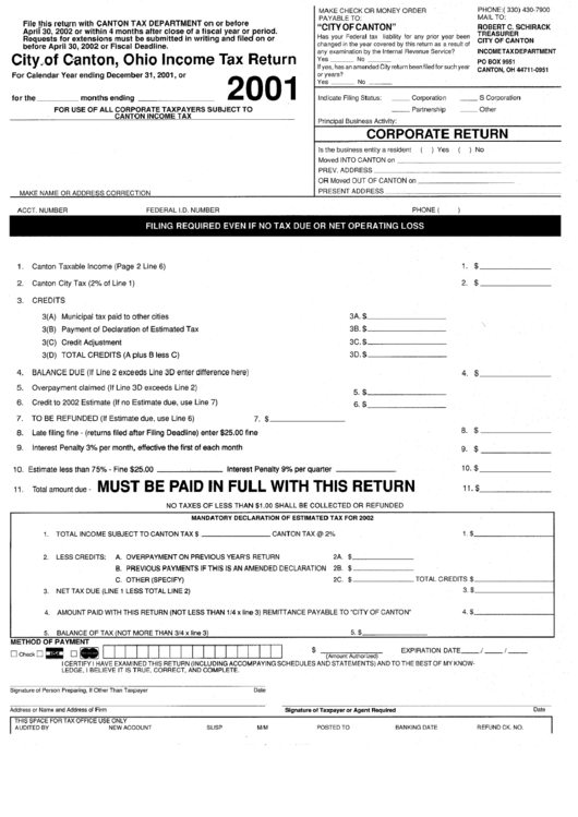 Income Tax Return Form - City Of Canton - 2001 Printable pdf