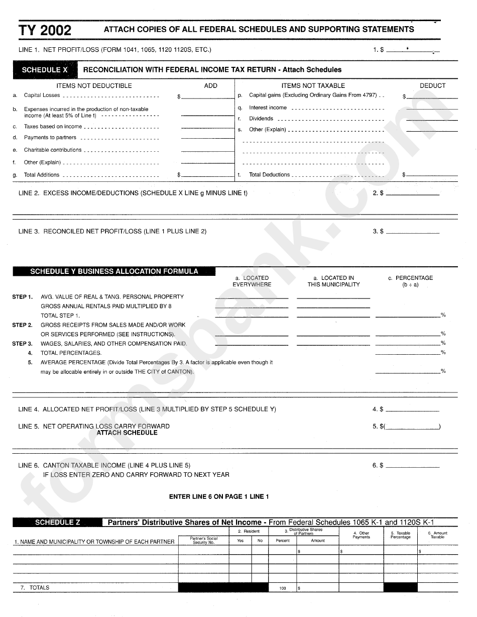 Income Tax Return Form - City Of Canton - 2001
