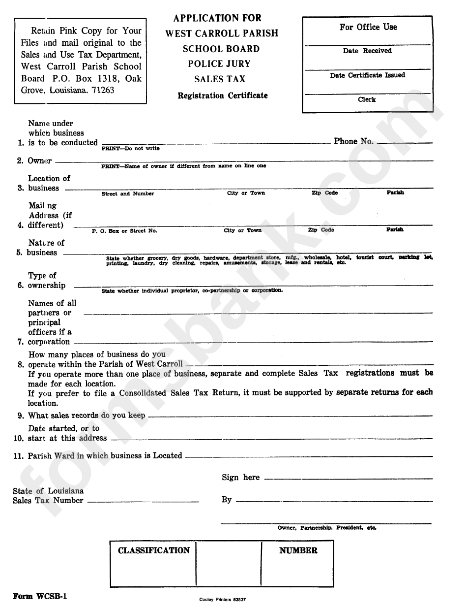 Form Wcsb-1 - Application For Police Jury Sales Tax Registration Certificate - West Carroll Parish School Board - Louisiana