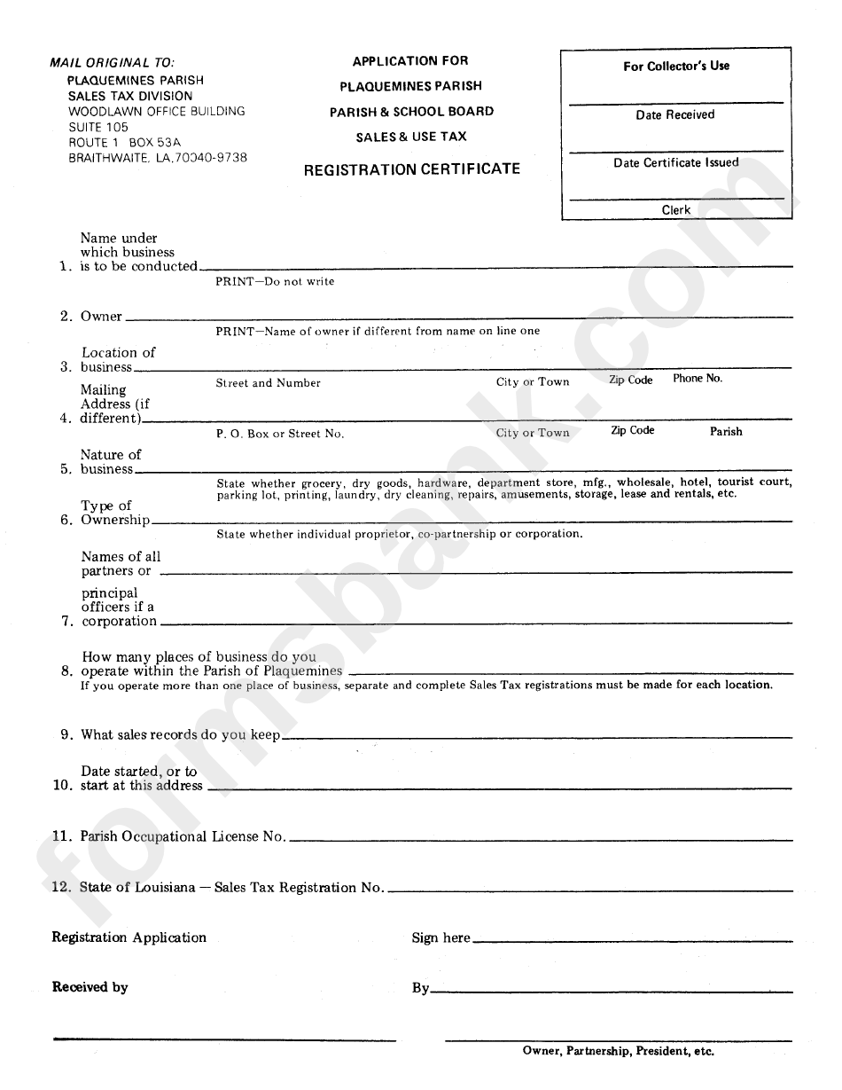 Application For Sales & Use Tax Registration Certificate Template - Plaquemines Parish Sales Tax Division - Louisiana