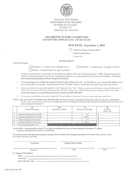 Cigarette Floor Tax Returns Form - Department Of Treasury - New Jersey Printable pdf