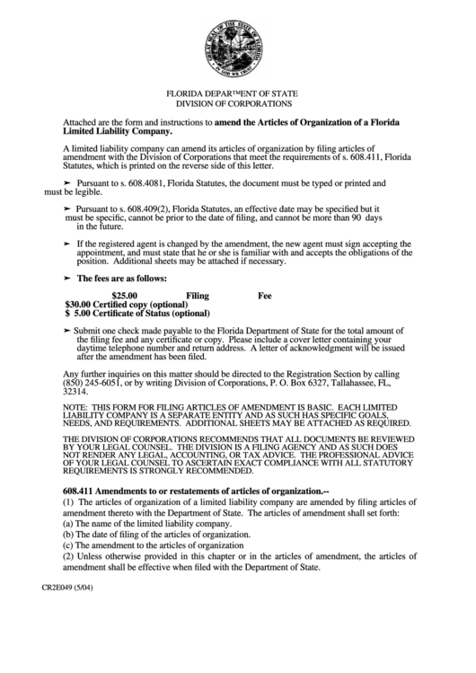 Fillable Articles Of Amendment Form - Florida Department Of State - Division Of Corporations Printable pdf