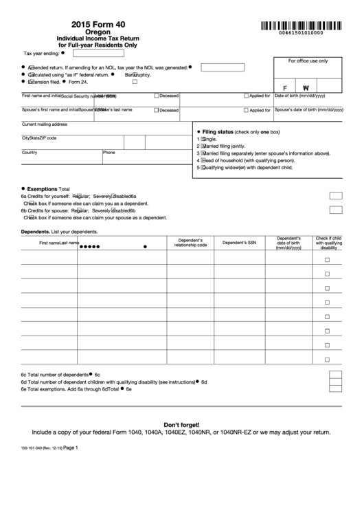 Fillable Form 40-2015 - Individual Income Tax Return For Full-Year Residents Printable pdf