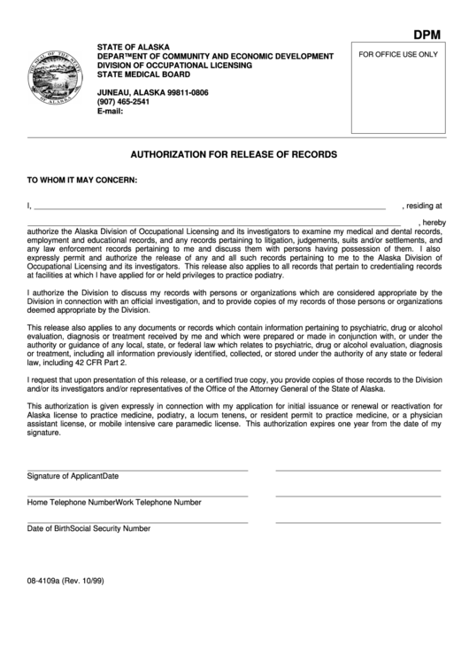 Authorization Form For Release Of Records Printable pdf