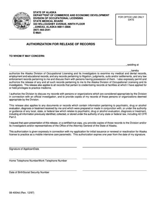 Authorization Form For Release Of Records Printable pdf