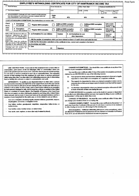 Form Hw-4 - Employers Withholding Certificate For City Of Hamtramck Income Tax Printable pdf