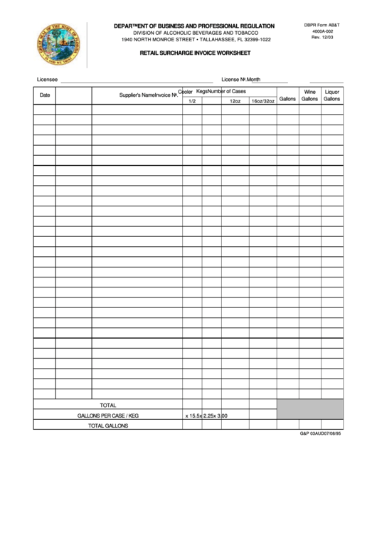 Dbpr Form Ab&t 4000a-002 - Retail Surcharge Invoice Worksheet Template - Department Of Business And Professional Regulation - Florida Printable pdf