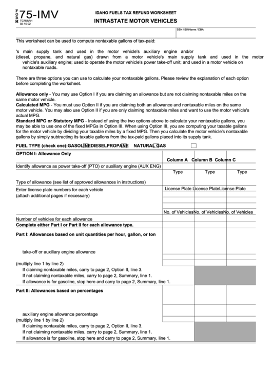 Form 75-Imv - Idaho Fuels Tax Refund Worksheet Form - Intrastate Motor Vehicles - Idaho Printable pdf