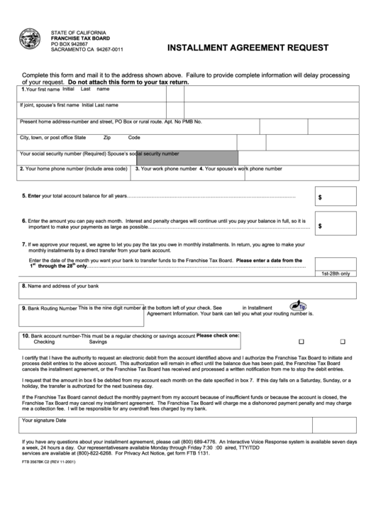 Form Ftb 3567bk C2 - Installment Agreement Request Printable pdf