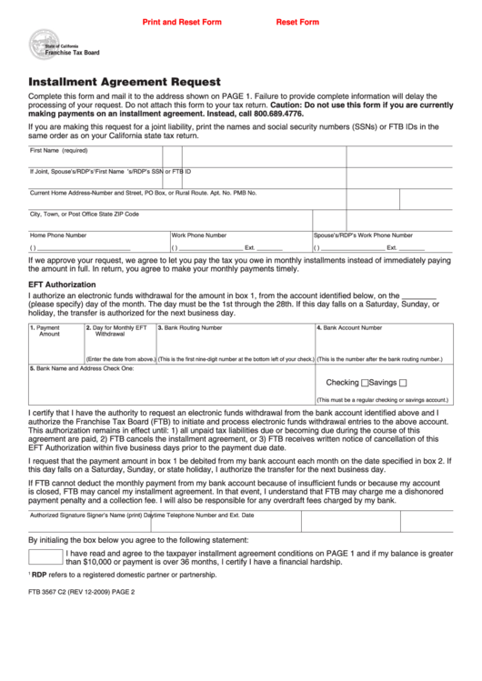Fillable Form Ftb 3567 C2 - Installment Agreement Request Printable pdf