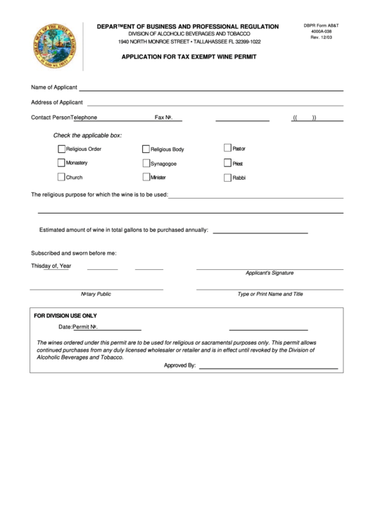 Dbpr Form Ab&t 4000a-038 - Application For Tax Exempt Wine Permit - Department Of Business And Professional Regulation - Florida Printable pdf