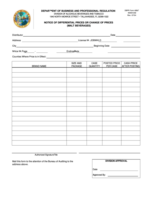 Dbpr Form Ab&t 4000a-032 - Notice Of Differential Prices Or Change Of Prices - Department Of Business And Professional Regulation - Florida Printable pdf