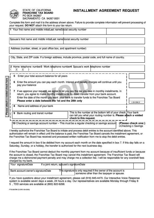 Form Ftb 3567bk C2 - Installment Agreement Request