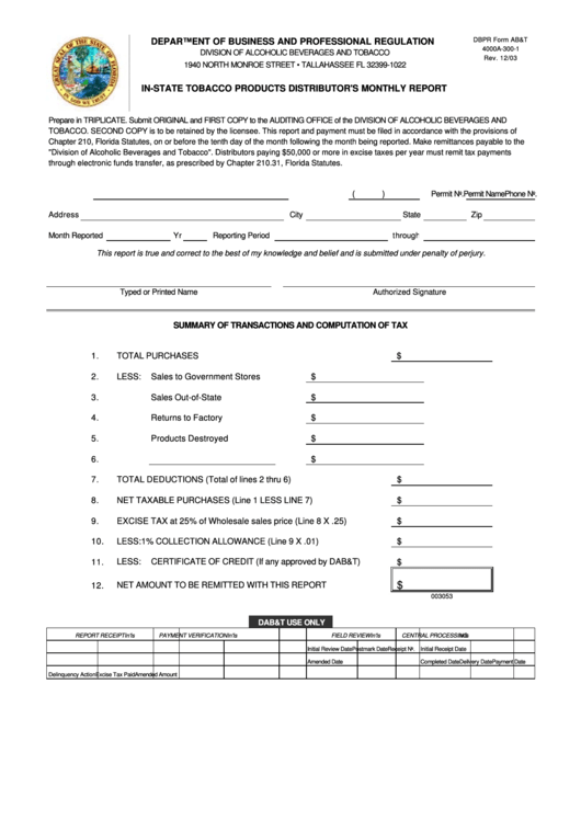 Dbpr Form Ab&t 4000a-300-1 - In-State Tobacco Products Distributor