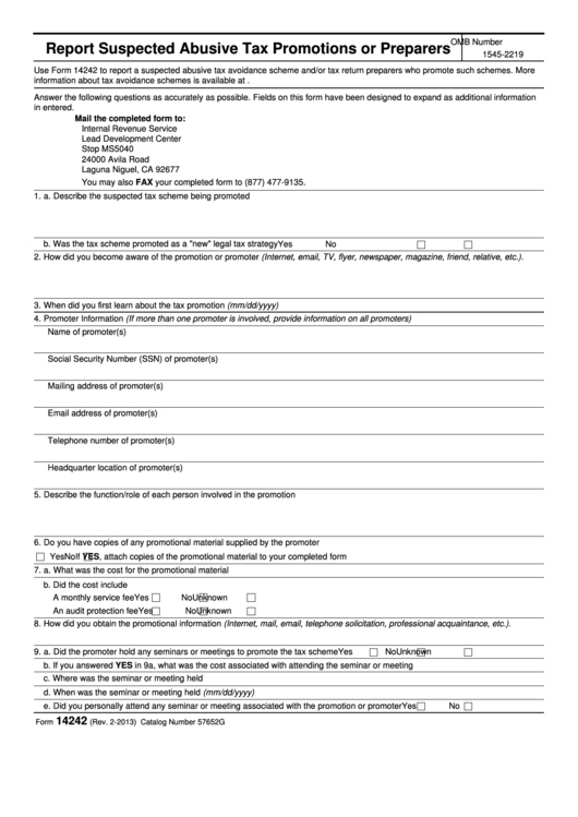 Form 14242 - Report Suspected Abusive Tax Promotions Or Preparers Form Printable pdf
