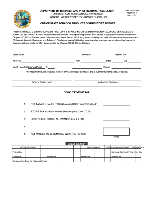 Dbpr Form Ab&t 4000a-305-1 - Out-Of-State Tobacco Products Distributor