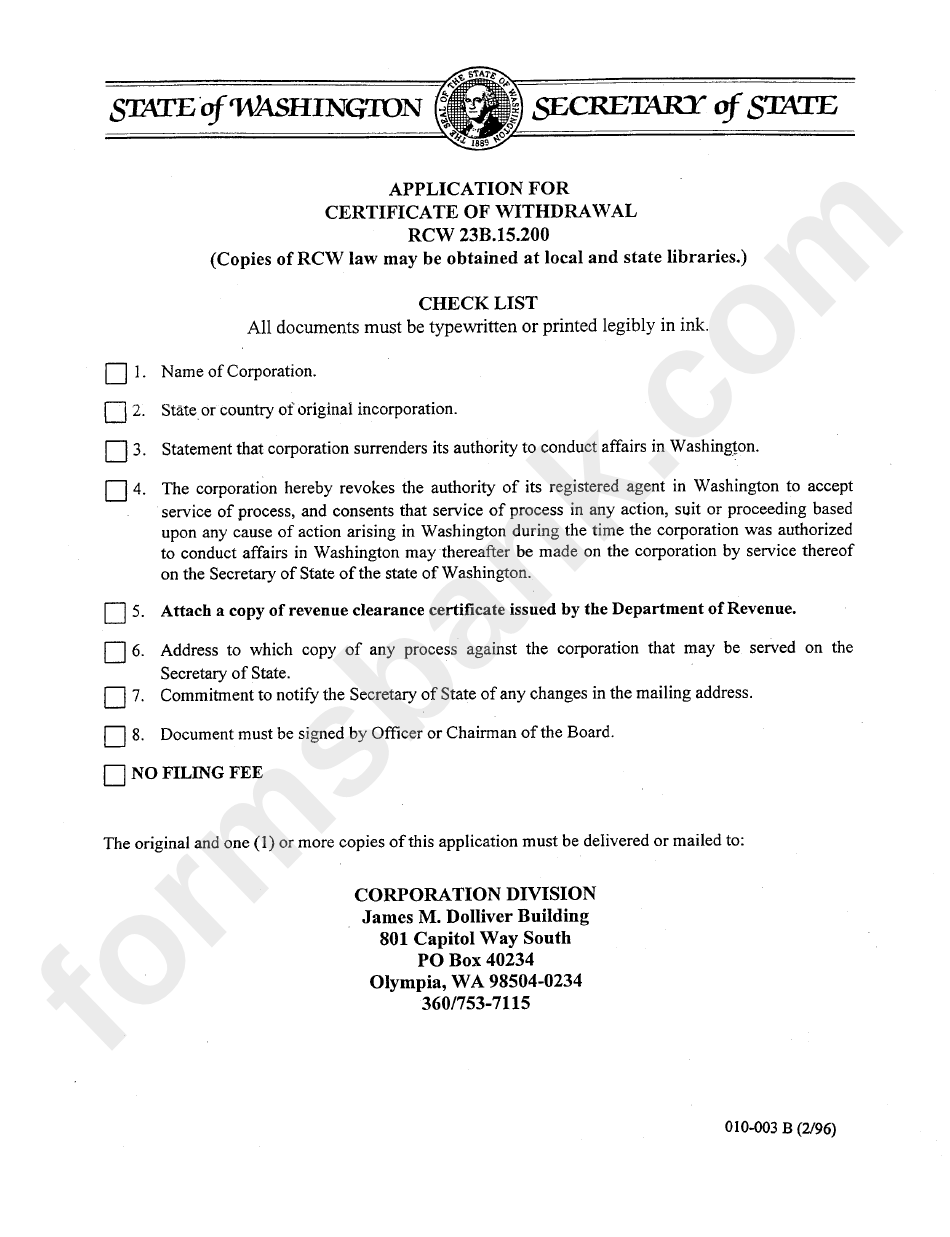 Form 010-003 B - Application For Certificate Of Withdrawl Washington - Secretary Of State