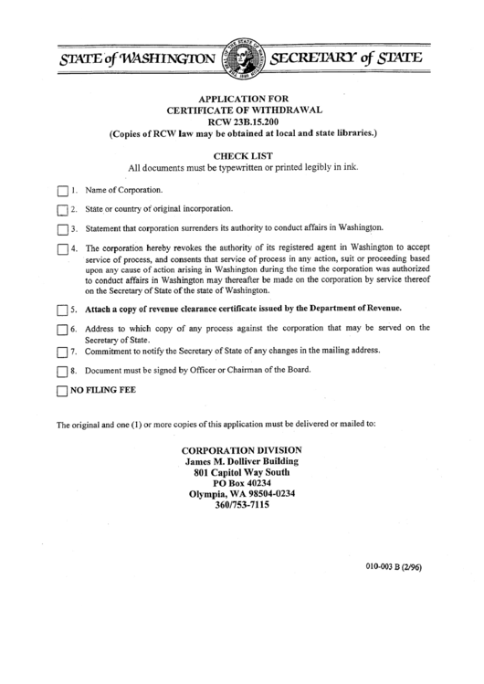 Form 010-003 B - Application For Certificate Of Withdrawl Washington - Secretary Of State Printable pdf