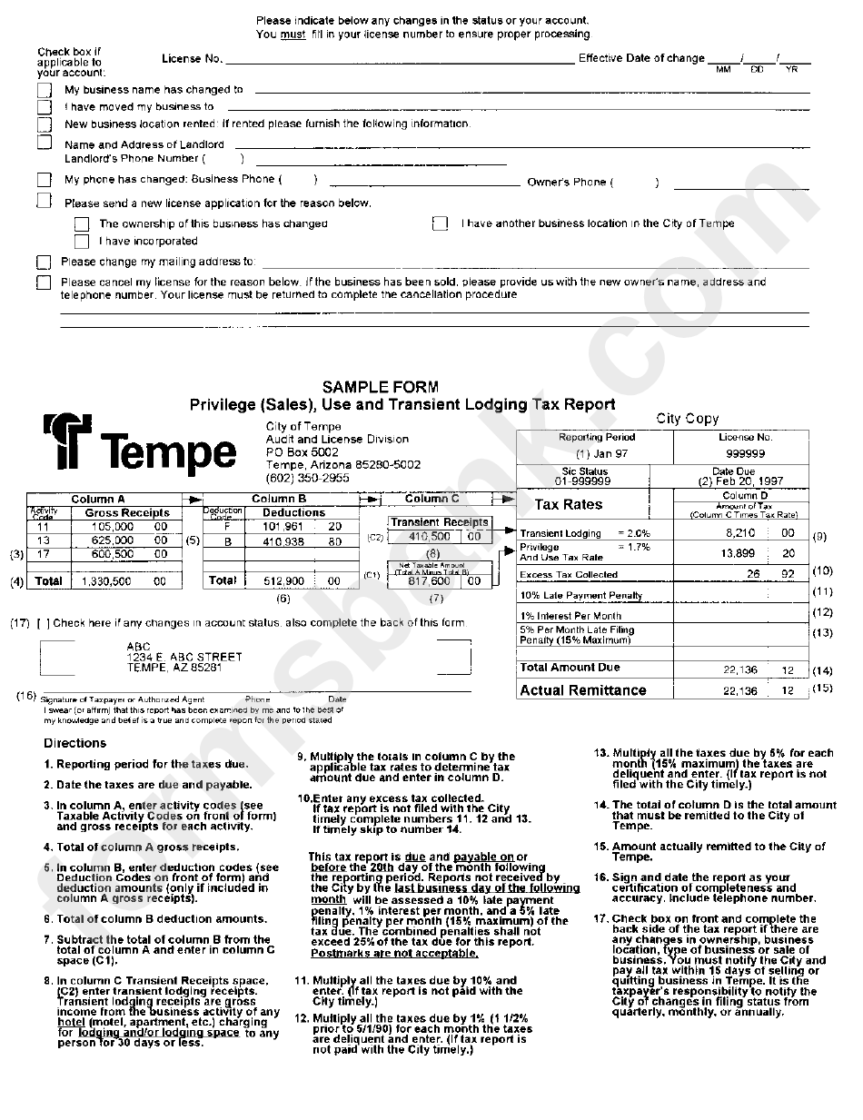 Privilege (Sales), Use And Transient Lodgind Tax Report Sample Form