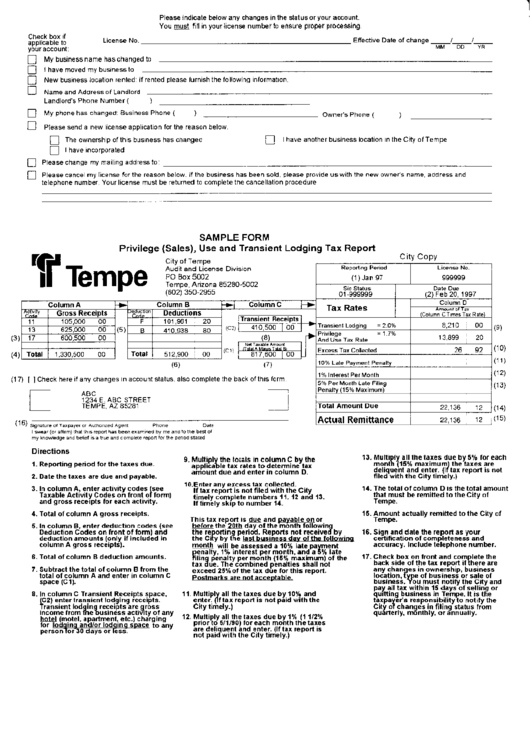 Privilege (Sales), Use And Transient Lodgind Tax Report Sample Form Printable pdf