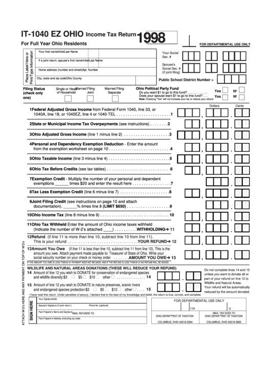 Fillable Form It-1040 Ez - Income Tax Return Printable pdf