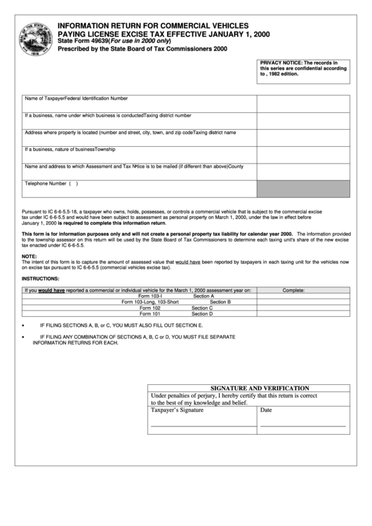 Fillable State Form 49639 - Information Return For Commercial Vehicles - Indiana Printable pdf
