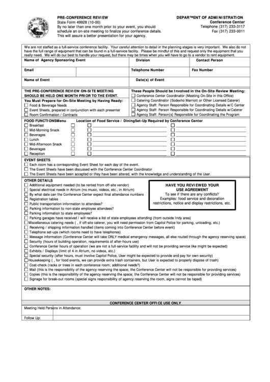 Fillable State Form 49928 - Pre-Conference Review - Department Of Administration - Indiana Printable pdf
