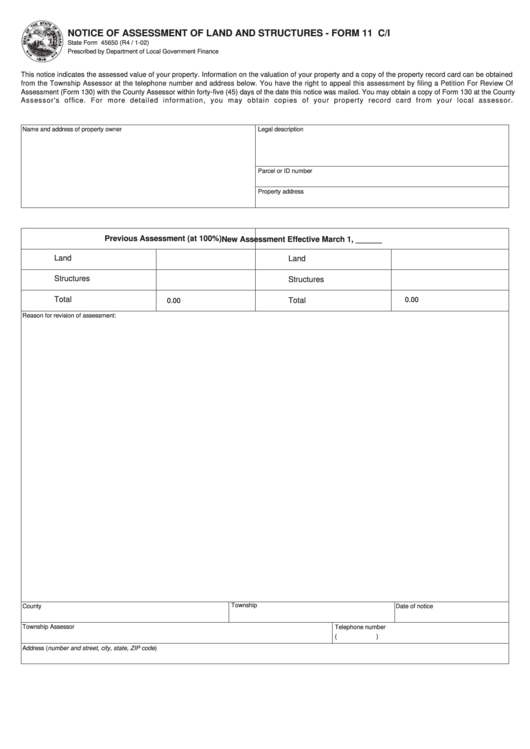 Fillable State Form 45650 - Notice Of Assessment Of Land And Structures - Form 11 C/i - Indiana Printable pdf