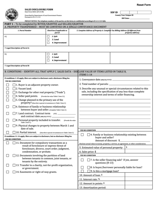 Fillable State Form 46021 - Sales Disclosure Form - Indiana Printable pdf