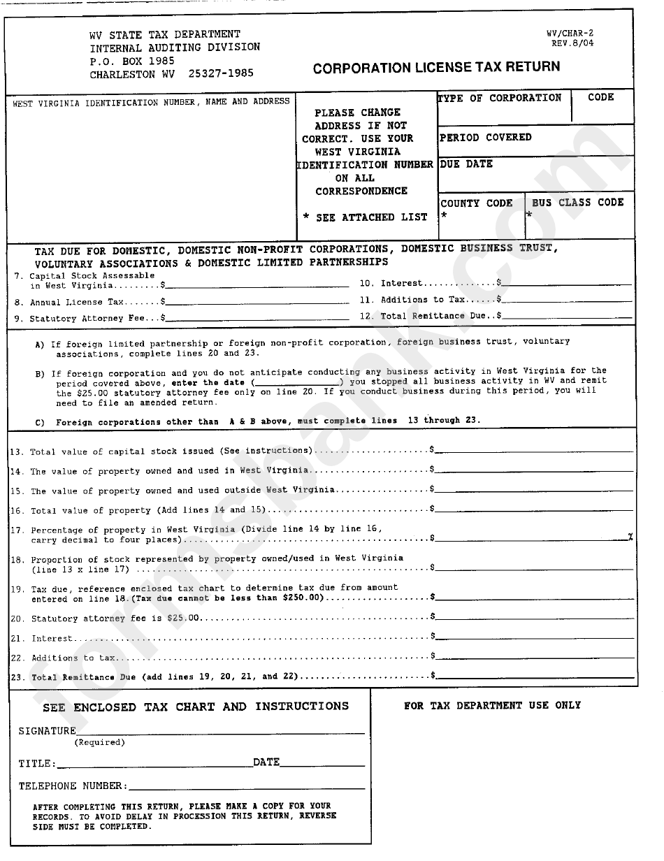 Form Wv char 3 Corporation License Tax Return West Virginia State Tax Department Printable